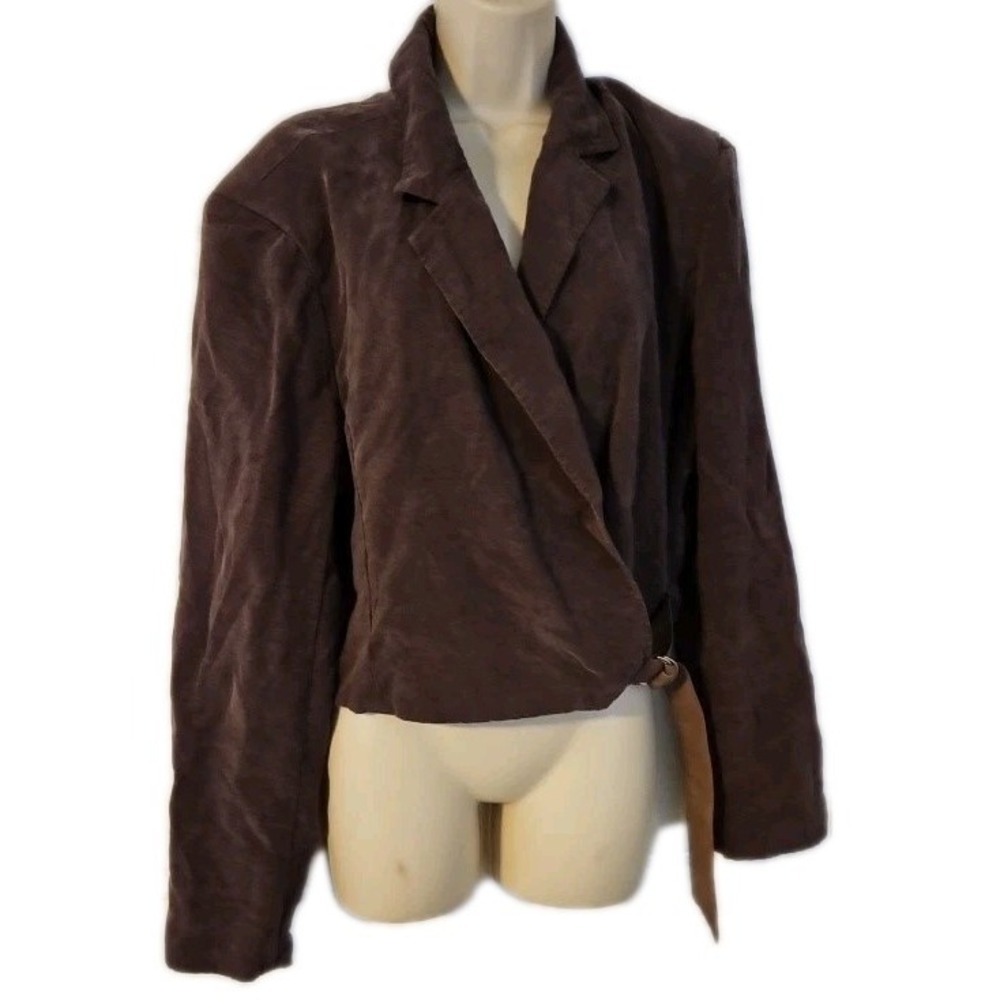 Anthropologie Shrunken Belted Jacket Womens Size L Brown Brun Padded Shoulders